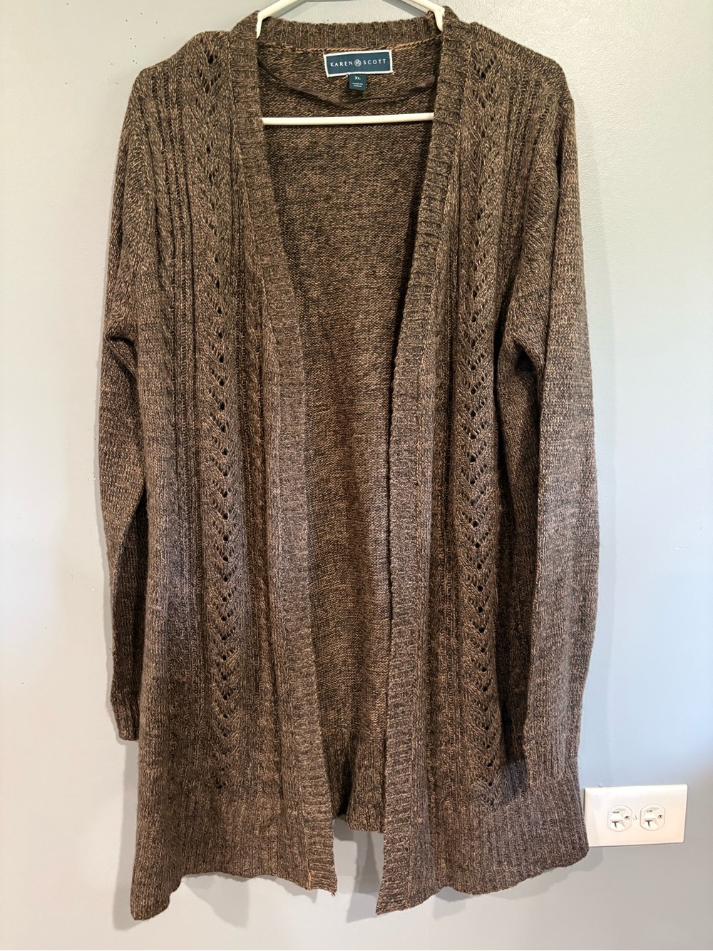 Karen Scott Brown Open-Front Pointelle Cardigan XL